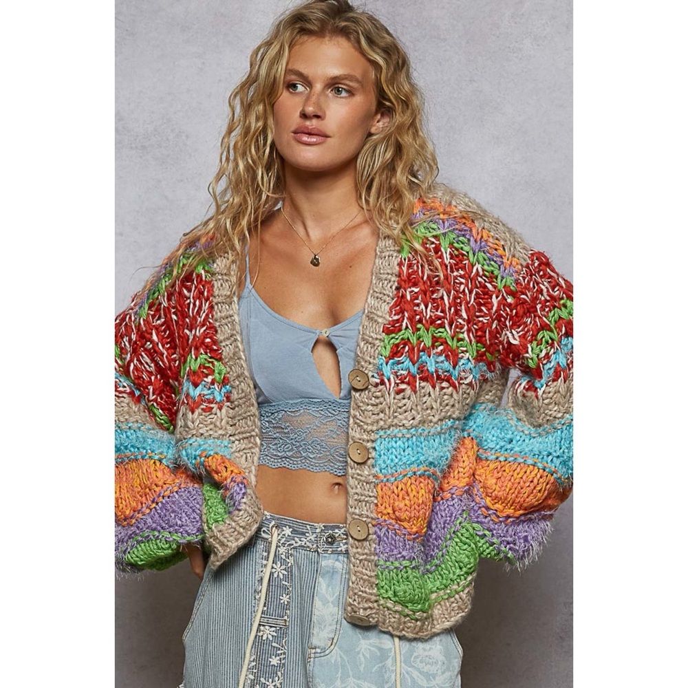 POL Tan Chunky Knit Multicolor Button Front Cardigan - Picture 5 of 6